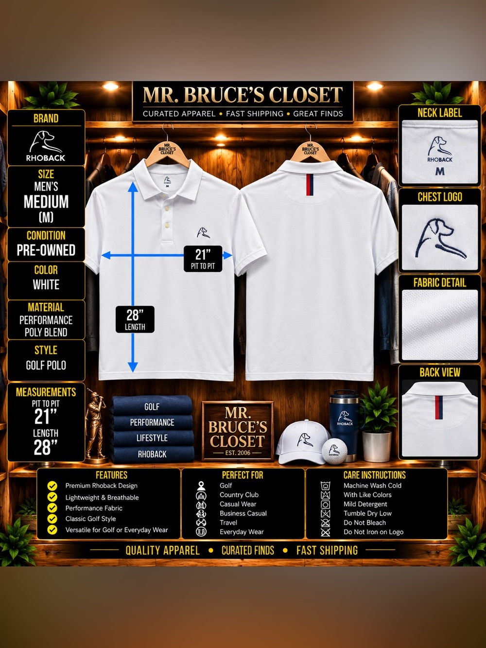 Rhoback Men’s White Performance Golf Polo